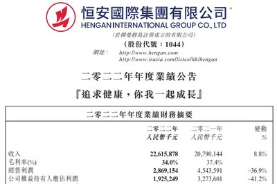 恒安國際2022年凈利潤銳減41% 挑戰與轉機并存，個人衛生用品銷售承壓，2023年毛利率有望改善